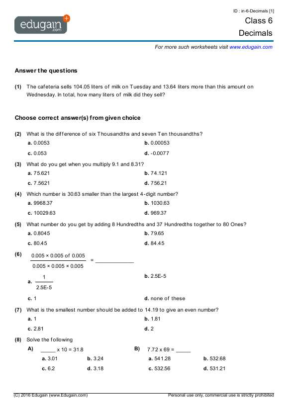 grade 6 decimals math practice questions tests worksheets quizzes assignments edugain germany